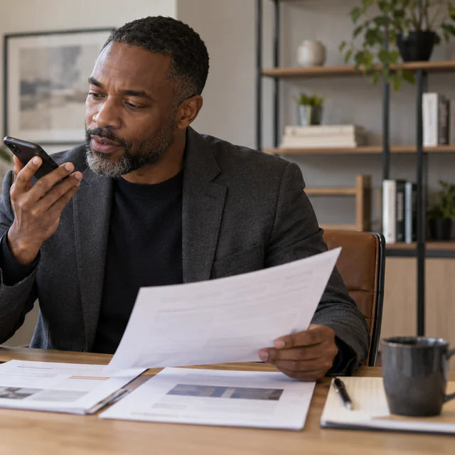 Professional using voice input on a smartphone at a desk