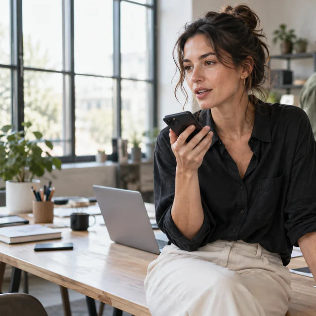 Woman using SpeakON voice input in a creative studio