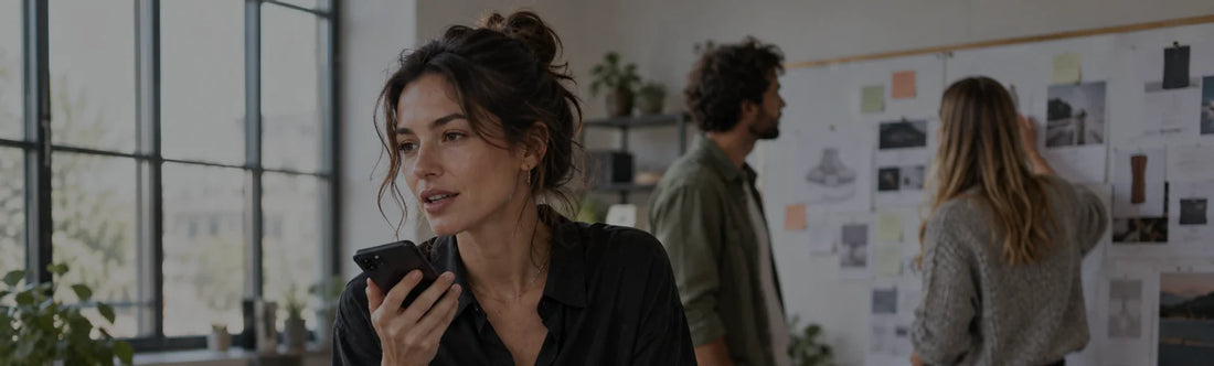 Woman using SpeakON voice input in a creative studio