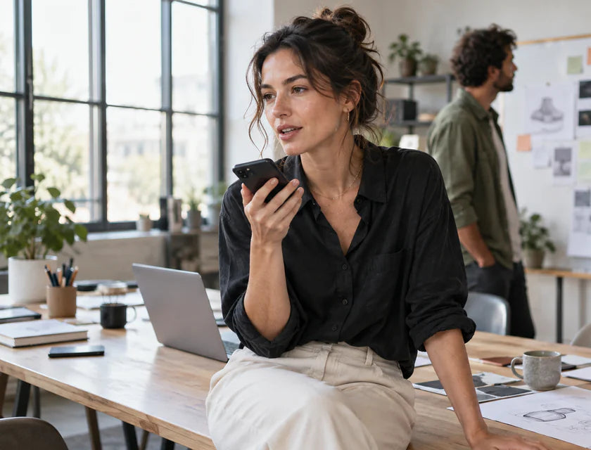 Woman using SpeakON voice input in a creative studio