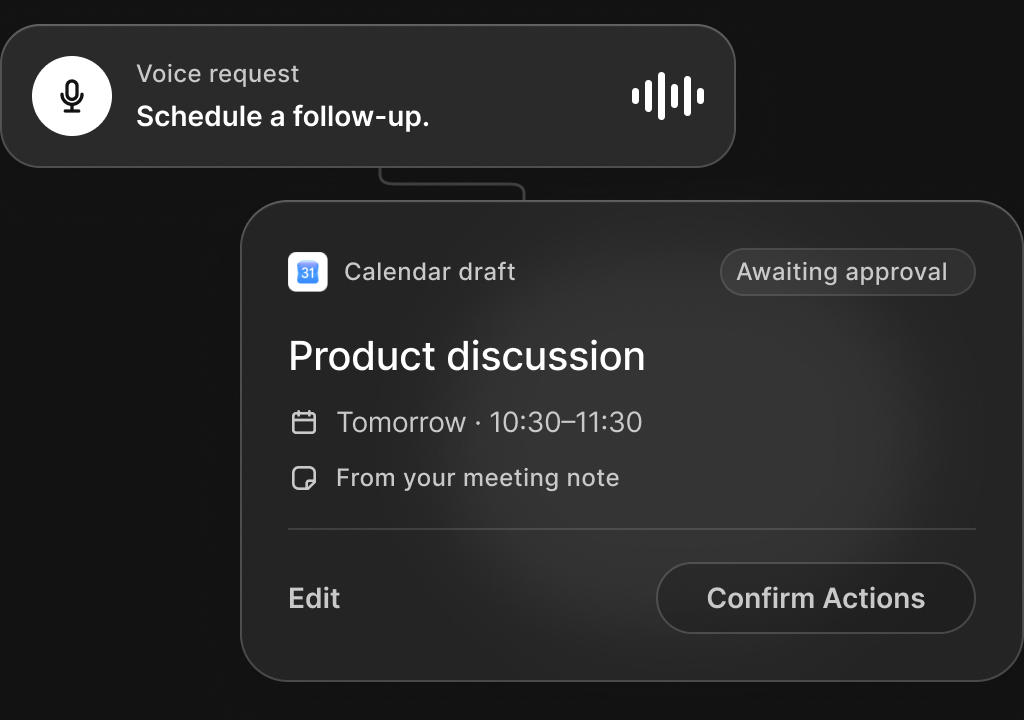 A voice request becomes a calendar draft awaiting approval.