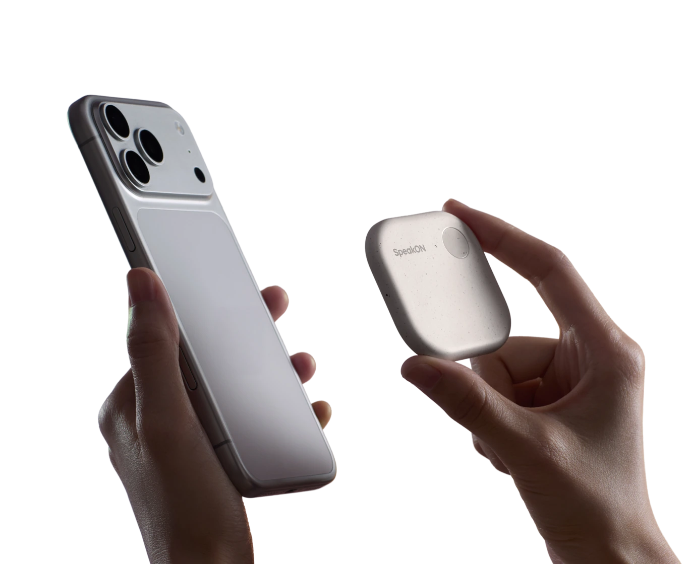 Hands holding an iPhone and a SpeakON device