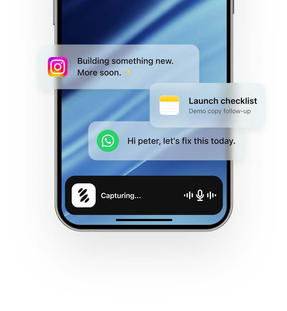 SpeakON capturing speech on an iPhone lock screen, with Instagram, Notes and WhatsApp message examples